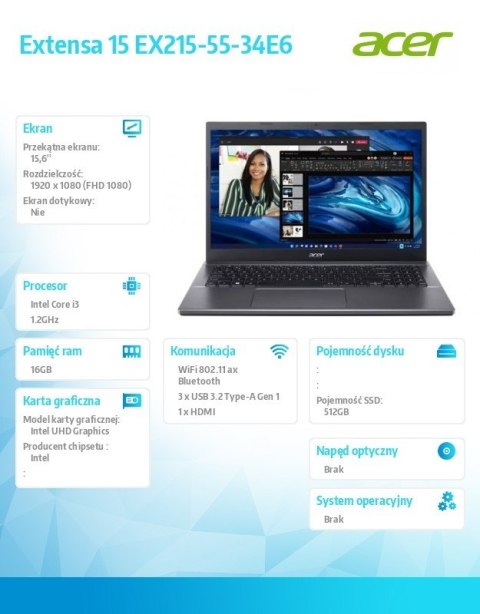 Laptop Extensa 15 EX215-55-34E6 i3-1215U/15.6/16 GB/512GB SSD/NoOS Laptop Extensa 15 EX215-55-34E6 i3-1215U/15.6/16 GB/512GB SSD/NoOS