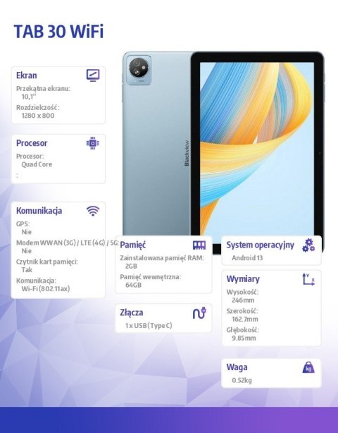 Tablet TAB 30 WiFi 10.1 cala 2/64GB 5100 mAh Niebieski