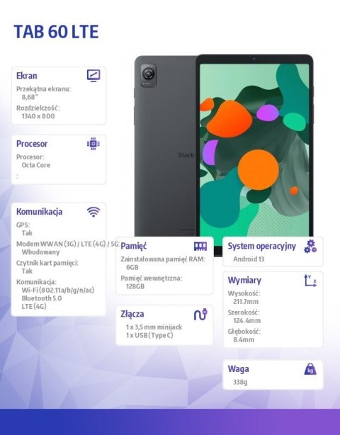 Tablet TAB 60 LTE 8.68 cala 6/128GB 6050 mAh Szary