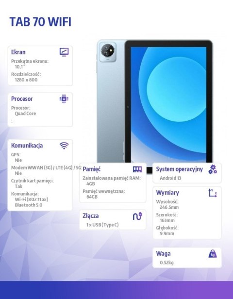 Tablet TAB 70 WiFi 10.1 cala 4/64GB 6580 mAh Niebieski