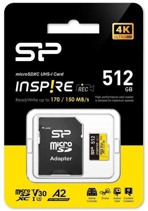 Karta pamięci microSDXC Inspire 512GB UHS-I U3 A2 V30 4K TLC Karta pamięci microSDXC Inspire 512GB UHS-I U3 A2 V30 4K TLC