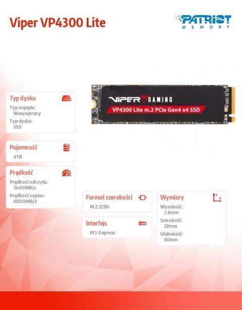 Dysk SSD 4TB Viper VP4300 Lite 7400/6000 M.2 PCIe Gen4x4 NVMe 2.0 PS5 Dysk SSD 4TB Viper VP4300 Lite 7400/6000 M.2 PCIe Gen4x4 NVMe 2.0 PS5