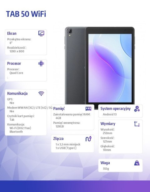 Tablet TAB 50 WiFi 4/128GB 5580 mAh 8 cali szary