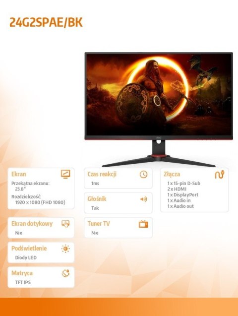 Monitor 24G2SPAE 23.8 cala IPS 165Hz HDMIx2 DP Głośniki Monitor 24G2SPAE 23.8 cala IPS 165Hz HDMIx2 DP Głośniki