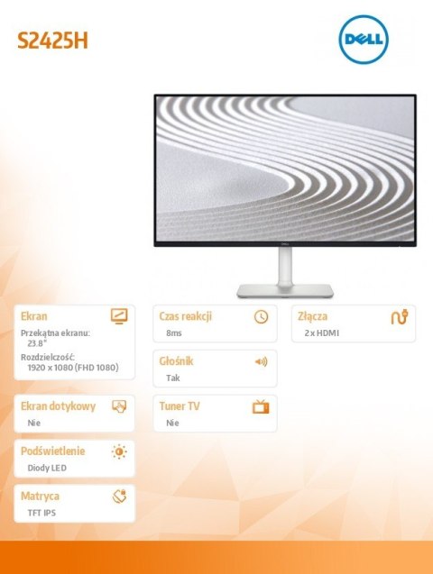 Monitor 23.8 cala S2425H IPS LED 100Hz Full HD (1920x1080)/16:9/2xHDMI/Speakers/3Y Monitor 23.8 cala S2425H IPS LED 100Hz Full HD (1920x1080)/16:9/2xHDMI/Speakers/3Y