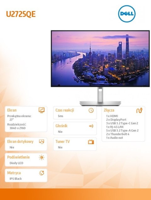 Monitor U2725QE 27 cali IPS Black LED 4K(3840x2160)/16:9/Thunderbolt/HDMI/DP/USB-C/USB/RJ-45/3Y Monitor U2725QE 27 cali IPS Black LED 4K(3840x2160)/16:9/Thunderbolt/HDMI/DP/USB-C/USB/RJ-45/3Y