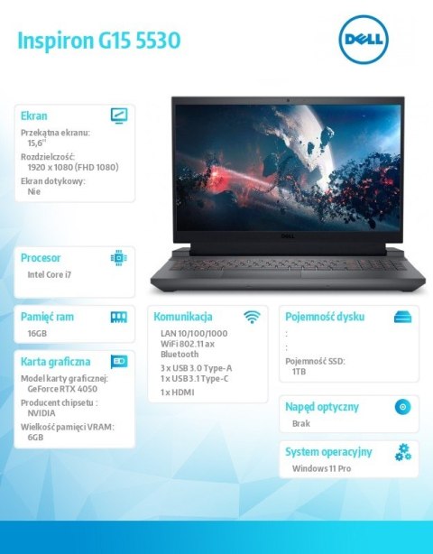 Notebook Inspiron G15 5530 Win11Pro Core i7-13650HX/16GB/1TB SSD/15.6 FHD 165Hz/GeForce RTX 4050/Cam & Mic/WLAN + BT/Backlit Kb/ Notebook Inspiron G15 5530 Win11Pro Core i7-13650HX/16GB/1TB SSD/15.6 FHD 165Hz/GeForce RTX 4050/Cam & Mic/WLAN + BT/Backlit Kb/