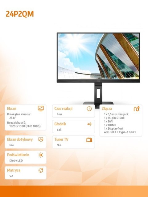Monitor 24P2QM 23.8 cala VA 75 Hz HDMI DP DVI Pivot Monitor 24P2QM 23.8 cala VA 75 Hz HDMI DP DVI Pivot