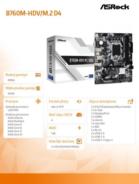 Płyta główna B760M-HDV/M.2 D4 s1700 2DDR4 DP/HDMI mATX Płyta główna B760M-HDV/M.2 D4 s1700 2DDR4 DP/HDMI mATX