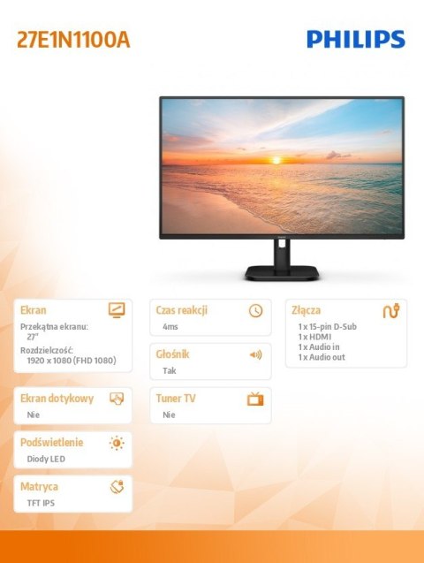 Monitor 27E1N1100A 27 cali IPS 100Hz HDMI Głośniki Monitor 27E1N1100A 27 cali IPS 100Hz HDMI Głośniki