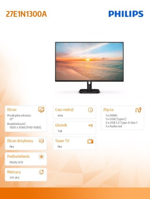 Monitor 27E1N1300A 27 cali IPS 100Hz HDMI USB-C Głośniki Monitor 27E1N1300A 27 cali IPS 100Hz HDMI USB-C Głośniki