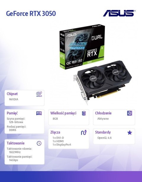 Karta graficzna GeForce RTX 3050 DUAL OC V2 8GB GDDR6 128Bit DVI-D/HDMI/DP Karta graficzna GeForce RTX 3050 DUAL OC V2 8GB GDDR6 128Bit DVI-D/HDMI/DP