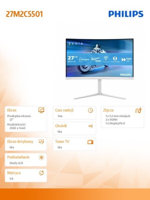 Monitor 27 cali 27M2C5501 Curved VA 180Hz HDMIx2 DP HAS Ambiglow Monitor 27 cali 27M2C5501 Curved VA 180Hz HDMIx2 DP HAS Ambiglow