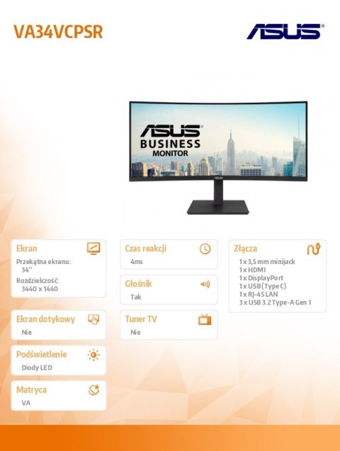 Monitor VA34VCPSR 34 cale WQHD USB-C RJ45 1500R 21:9 Monitor VA34VCPSR 34 cale WQHD USB-C RJ45 1500R 21:9