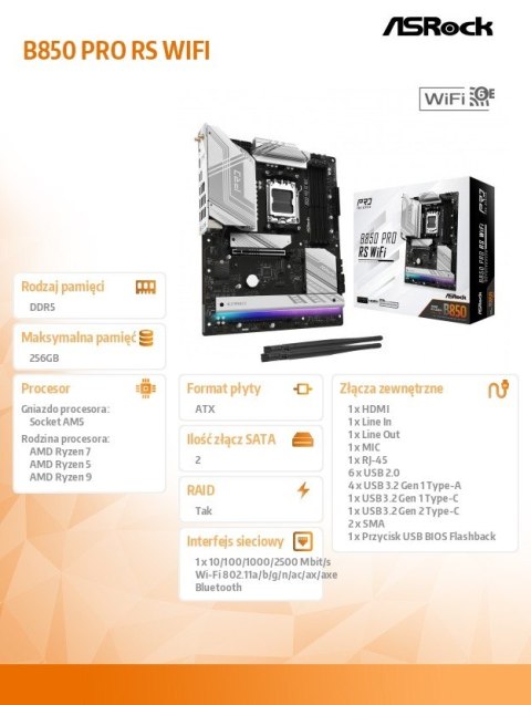 Płyta główna B850 PRO RS WIFI AM5 4DDR5 ATX Płyta główna B850 PRO RS WIFI AM5 4DDR5 ATX