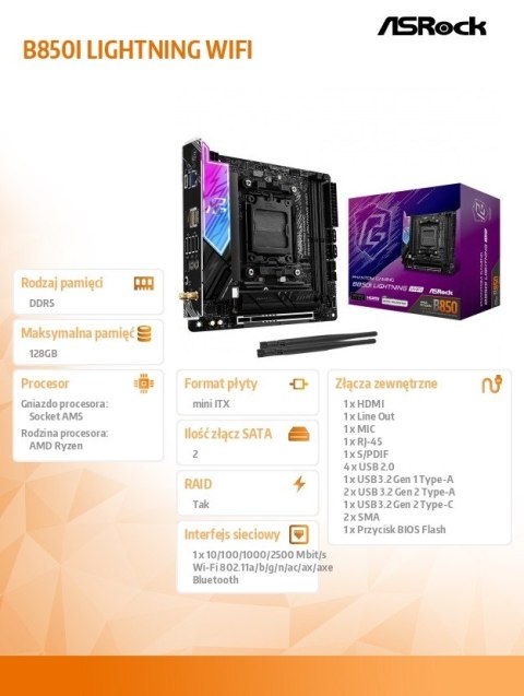 Płyta główna B850I LIGHTNING WIFI AM5 2DDR5 ITX Płyta główna B850I LIGHTNING WIFI AM5 2DDR5 ITX