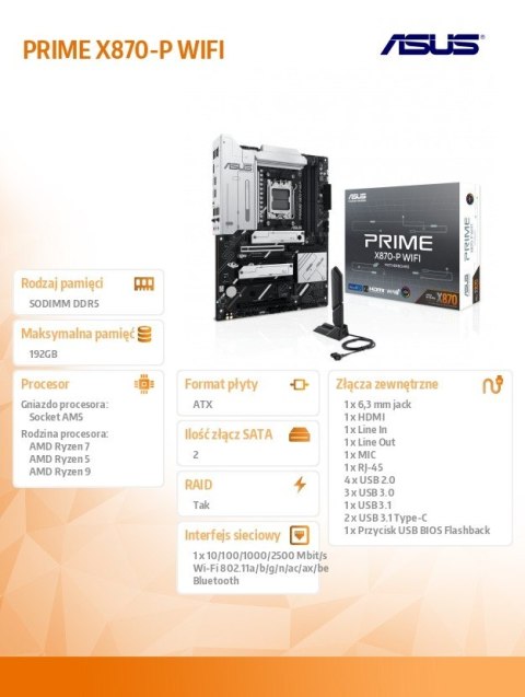 Płyta główna PRIME X870-P WIFI AM5 4 DDR5 HDMI/USB-C Płyta główna PRIME X870-P WIFI AM5 4 DDR5 HDMI/USB-C