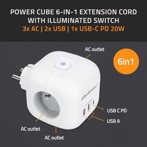 Kostka zasilająca przedłużacz 6w1 z podświetlanym włącznikiem | 3x AC | 2x USB | 1x USB-C PD 20W | biała Kostka zasilająca przedłużacz 6w1 z podświetlanym włącznikiem | 3x AC | 2x USB | 1x USB-C PD 20W | biała