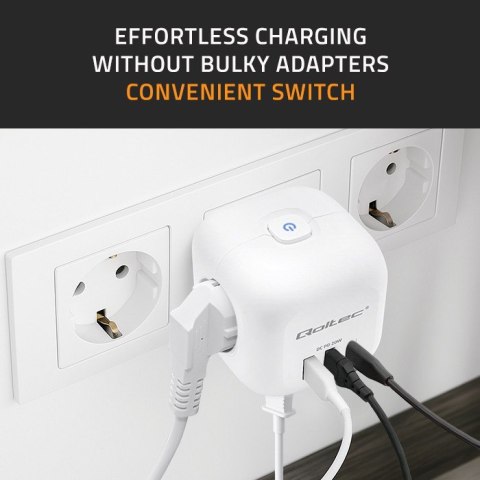 Kostka zasilająca przedłużacz 6w1 z podświetlanym włącznikiem | 3x AC | 2x USB | 1x USB-C PD 20W | biała Kostka zasilająca przedłużacz 6w1 z podświetlanym włącznikiem | 3x AC | 2x USB | 1x USB-C PD 20W | biała