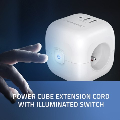 Kostka zasilająca przedłużacz 6w1 z podświetlanym włącznikiem | 3x AC | 2x USB | 1x USB-C PD 20W | biała Kostka zasilająca przedłużacz 6w1 z podświetlanym włącznikiem | 3x AC | 2x USB | 1x USB-C PD 20W | biała