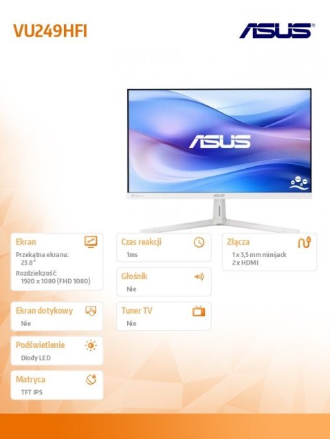 Monitor 24 cale VU249HFI-W IPS 100Hz HDMIx2 biały Monitor 24 cale VU249HFI-W IPS 100Hz HDMIx2 biały