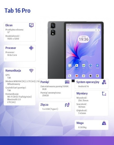 Tablet TAB 16 Pro LTE 11 cali 8/256GB 7700 mAh Szary