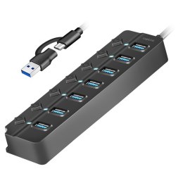 HUB USB3.2 Gen1, 7x USB-A, 7xON/OFF, czarny