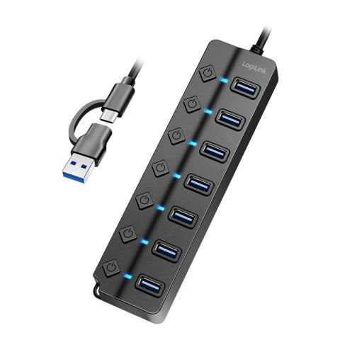 HUB USB3.2 Gen1, 7x USB-A, 7xON/OFF, czarny HUB USB3.2 Gen1, 7x USB-A, 7xON/OFF, czarny