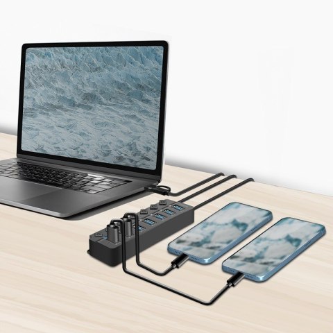 HUB USB3.2 Gen1, 7x USB-A, 7xON/OFF, czarny HUB USB3.2 Gen1, 7x USB-A, 7xON/OFF, czarny