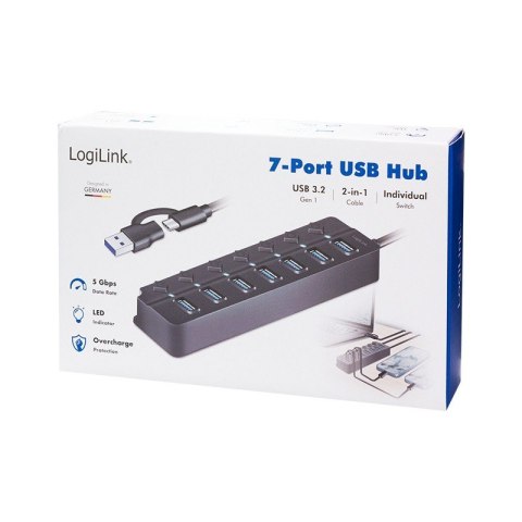 HUB USB3.2 Gen1, 7x USB-A, 7xON/OFF, czarny HUB USB3.2 Gen1, 7x USB-A, 7xON/OFF, czarny