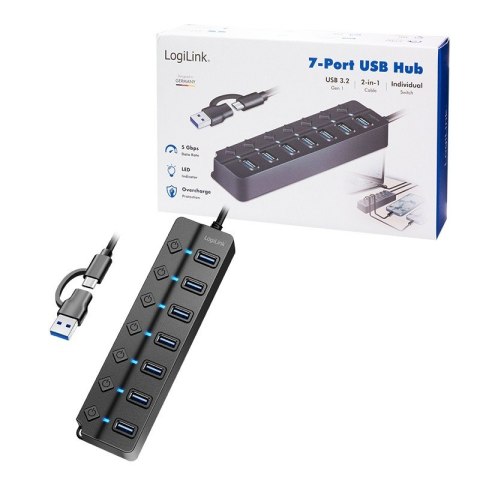 HUB USB3.2 Gen1, 7x USB-A, 7xON/OFF, czarny HUB USB3.2 Gen1, 7x USB-A, 7xON/OFF, czarny