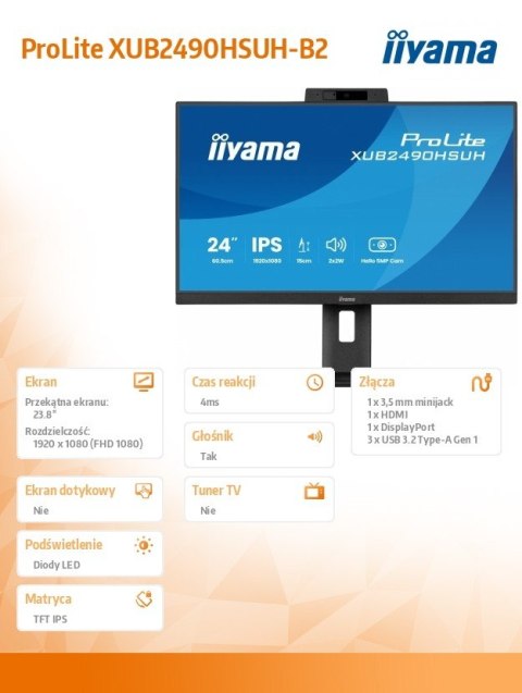 Monitor 24 cale XUB2490HSUH-B2 IPS,FHD,CAM,MIC,HDMI,DP Monitor 24 cale XUB2490HSUH-B2 IPS,FHD,CAM,MIC,HDMI,DP