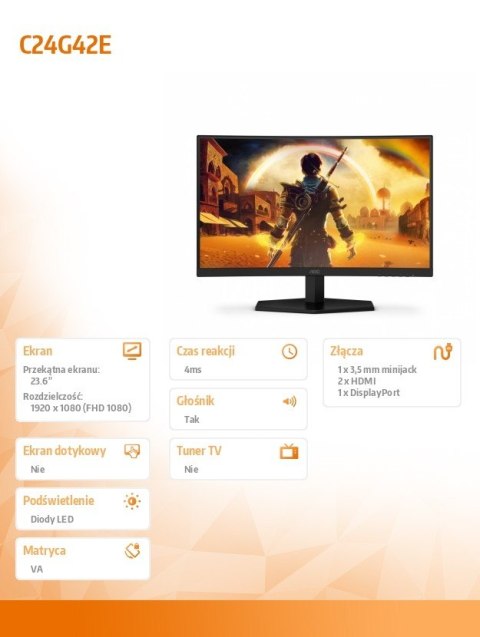 Monitor C24G42E 23.6 cala 180Hz Curved VA HDMIx2 DP Monitor C24G42E 23.6 cala 180Hz Curved VA HDMIx2 DP