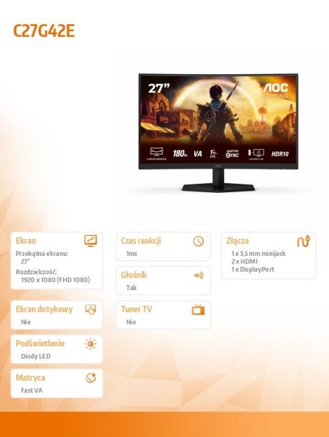 Monitor C27G42E 27 cali 180Hz Curved VA HDMIx2 DP Monitor C27G42E 27 cali 180Hz Curved VA HDMIx2 DP