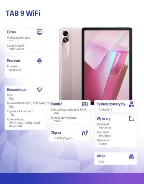 Tablet Tab 9 11 cali 6/ 256GB WiFi Różowy