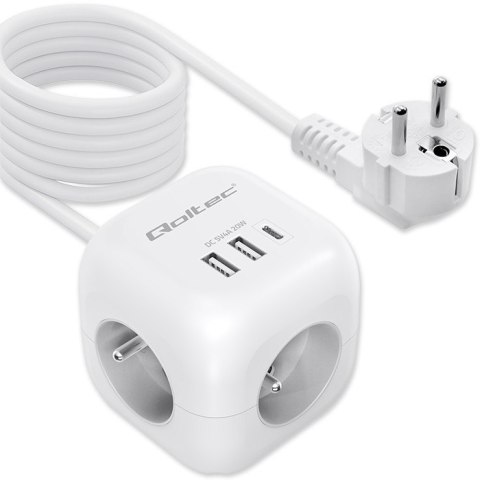 Kostka zasilająca przedłużacz 6w1 z podświetlanym włącznikiem | 3x AC | 2x USB | 1x USB-C PD 20W | biała | kabel 2m Kostka zasilająca przedłużacz 6w1 z podświetlanym włącznikiem | 3x AC | 2x USB | 1x USB-C PD 20W | biała | kabel 2m