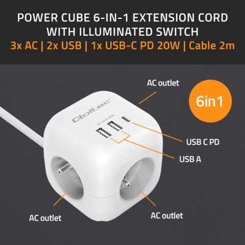 Kostka zasilająca przedłużacz 6w1 z podświetlanym włącznikiem | 3x AC | 2x USB | 1x USB-C PD 20W | biała | kabel 2m Kostka zasilająca przedłużacz 6w1 z podświetlanym włącznikiem | 3x AC | 2x USB | 1x USB-C PD 20W | biała | kabel 2m