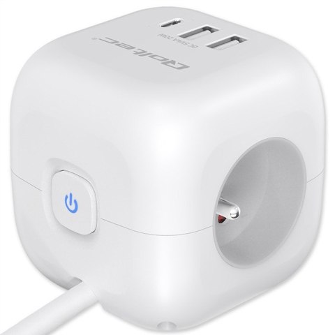 Kostka zasilająca przedłużacz 6w1 z podświetlanym włącznikiem | 3x AC | 2x USB | 1x USB-C PD 20W | biała | kabel 2m Kostka zasilająca przedłużacz 6w1 z podświetlanym włącznikiem | 3x AC | 2x USB | 1x USB-C PD 20W | biała | kabel 2m