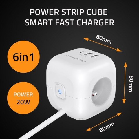 Kostka zasilająca przedłużacz 6w1 z podświetlanym włącznikiem | 3x AC | 2x USB | 1x USB-C PD 20W | biała | kabel 2m Kostka zasilająca przedłużacz 6w1 z podświetlanym włącznikiem | 3x AC | 2x USB | 1x USB-C PD 20W | biała | kabel 2m