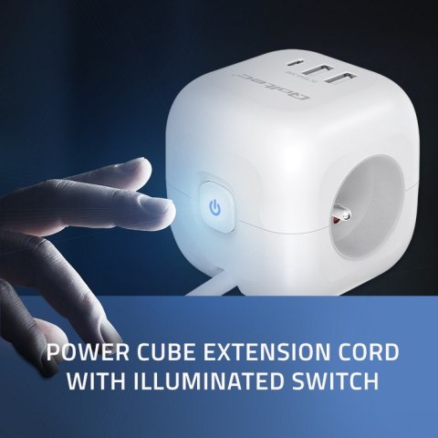 Kostka zasilająca przedłużacz 6w1 z podświetlanym włącznikiem | 3x AC | 2x USB | 1x USB-C PD 20W | biała | kabel 2m Kostka zasilająca przedłużacz 6w1 z podświetlanym włącznikiem | 3x AC | 2x USB | 1x USB-C PD 20W | biała | kabel 2m