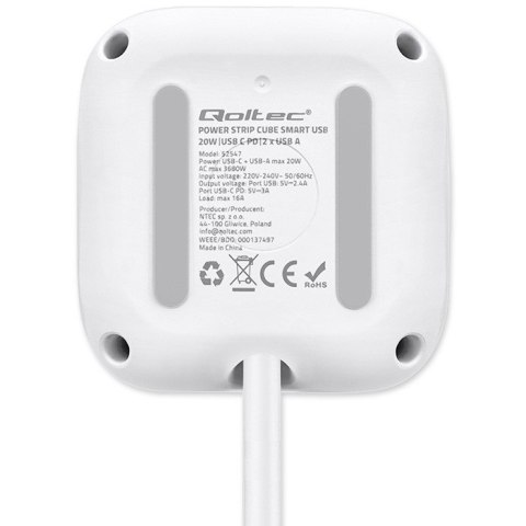 Kostka zasilająca przedłużacz 6w1 z podświetlanym włącznikiem | 3x AC | 2x USB | 1x USB-C PD 20W | biała | kabel 2m Kostka zasilająca przedłużacz 6w1 z podświetlanym włącznikiem | 3x AC | 2x USB | 1x USB-C PD 20W | biała | kabel 2m