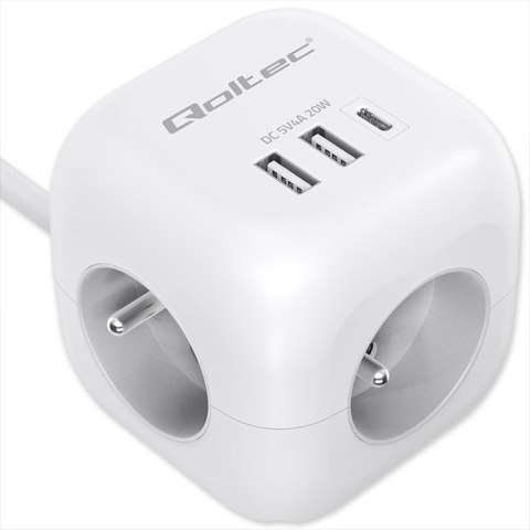 Kostka zasilająca przedłużacz 6w1 z podświetlanym włącznikiem | 3x AC | 2x USB | 1x USB-C PD 20W | biała | kabel 2m Kostka zasilająca przedłużacz 6w1 z podświetlanym włącznikiem | 3x AC | 2x USB | 1x USB-C PD 20W | biała | kabel 2m