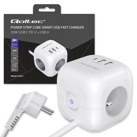 Kostka zasilająca przedłużacz 6w1 z podświetlanym włącznikiem | 3x AC | 2x USB | 1x USB-C PD 20W | biała | kabel 2m Kostka zasilająca przedłużacz 6w1 z podświetlanym włącznikiem | 3x AC | 2x USB | 1x USB-C PD 20W | biała | kabel 2m