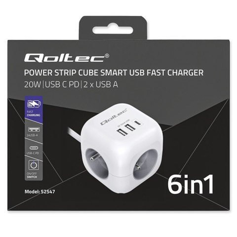 Kostka zasilająca przedłużacz 6w1 z podświetlanym włącznikiem | 3x AC | 2x USB | 1x USB-C PD 20W | biała | kabel 2m Kostka zasilająca przedłużacz 6w1 z podświetlanym włącznikiem | 3x AC | 2x USB | 1x USB-C PD 20W | biała | kabel 2m