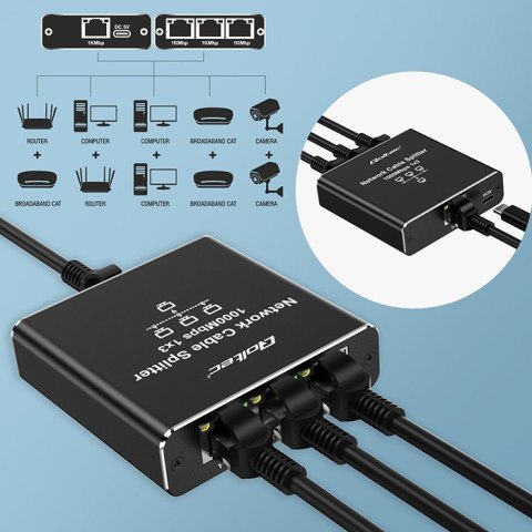 Rozdzielacz Splitter Ethernet mini SWITCH 1x3 RJ45 | 1000Mb/s | USB-C | Aluminium Rozdzielacz Splitter Ethernet mini SWITCH 1x3 RJ45 | 1000Mb/s | USB-C | Aluminium
