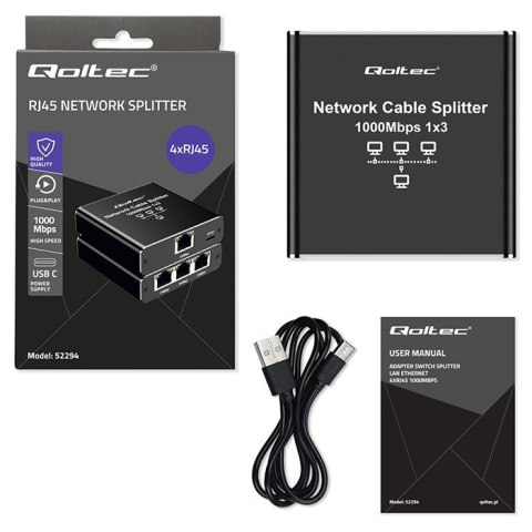 Rozdzielacz Splitter Ethernet mini SWITCH 1x3 RJ45 | 1000Mb/s | USB-C | Aluminium Rozdzielacz Splitter Ethernet mini SWITCH 1x3 RJ45 | 1000Mb/s | USB-C | Aluminium