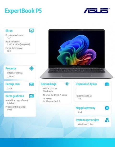 Notebook P5405CSA-NZ0408X ultra 7 258V/14 cali WQXGA/32GB/1TB/ Win 11 PRO/3YRS Notebook P5405CSA-NZ0408X ultra 7 258V/14 cali WQXGA/32GB/1TB/ Win 11 PRO/3YRS