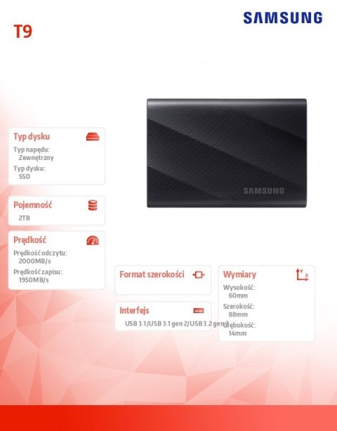 Dysk zewnętrzny SSD T9 2TB USB3.2 GEN.2 czarny Dysk zewnętrzny SSD T9 2TB USB3.2 GEN.2 czarny