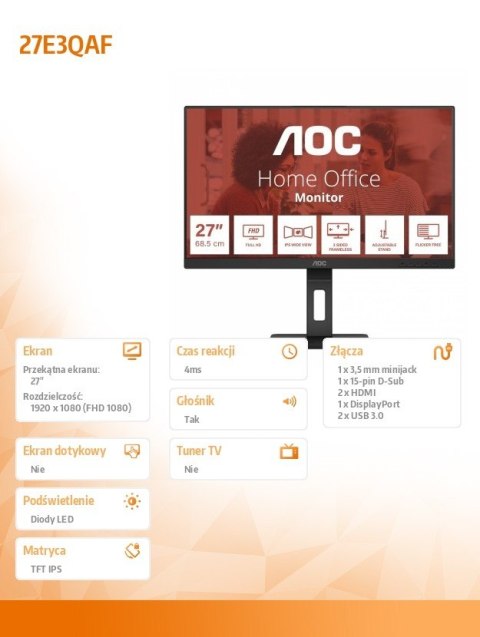 Monitor 27E3QAF 27 cali IPS HDMI DP Pivot Głośniki Monitor 27E3QAF 27 cali IPS HDMI DP Pivot Głośniki
