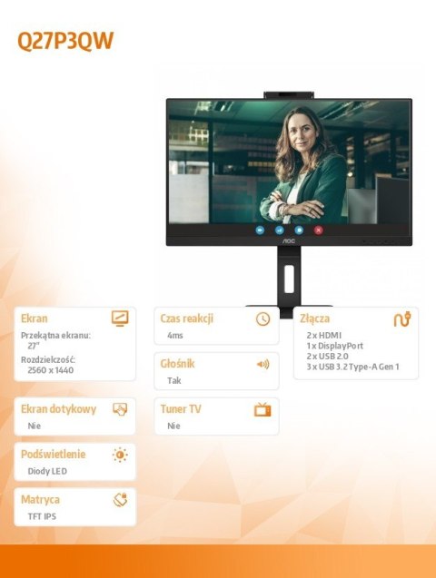 Monitor Q27P3QW 27 cali IPS HDMI DP Pivot Kamera Monitor Q27P3QW 27 cali IPS HDMI DP Pivot Kamera